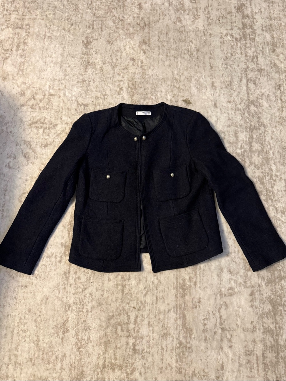 Mango Navy Blue Collarless Four-Pocket Suit Wool Jacket